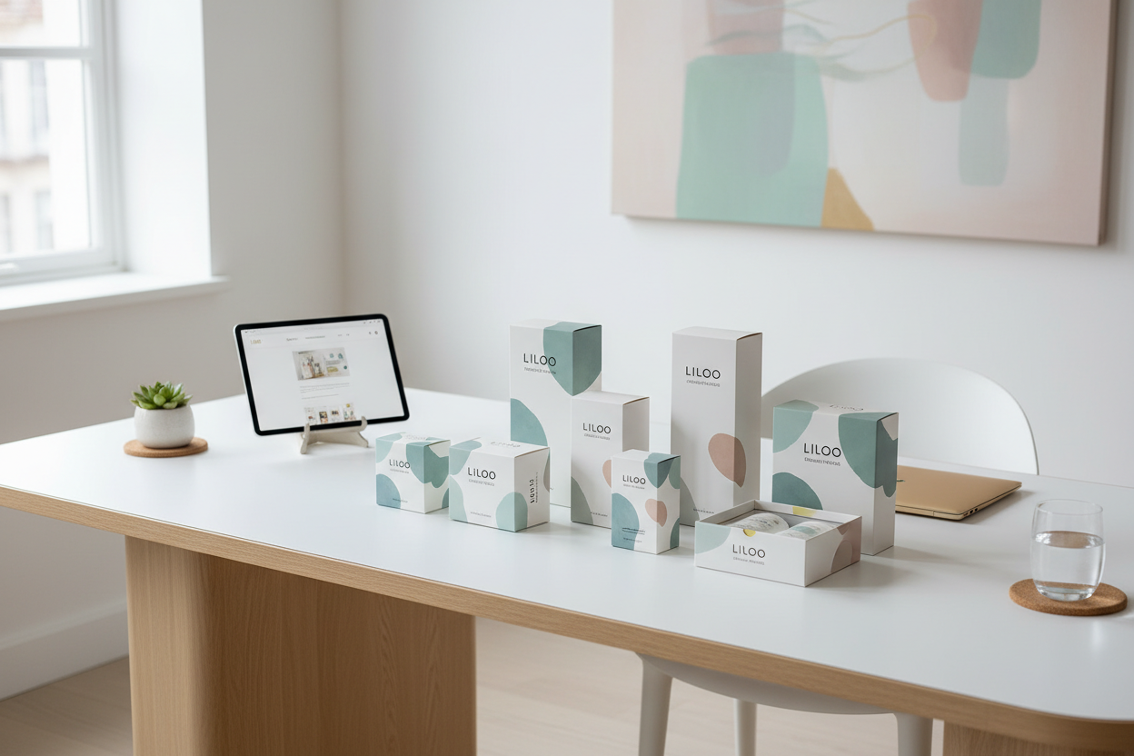 plein de packaging Liloo sur un bureau super moderne et élégant 